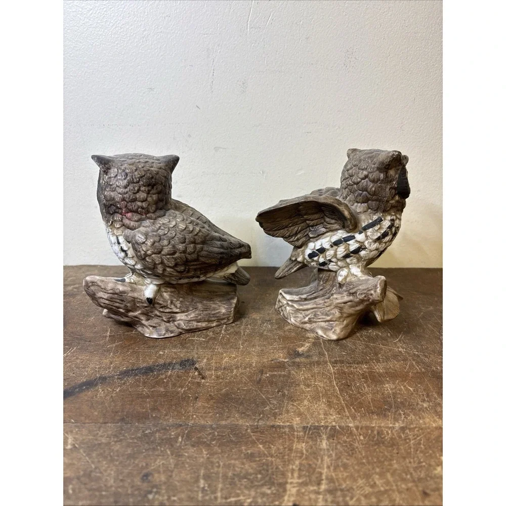 Pair of Vintage Owl Figurines Brown Ceramic Woodland Decor – Pre-Owned